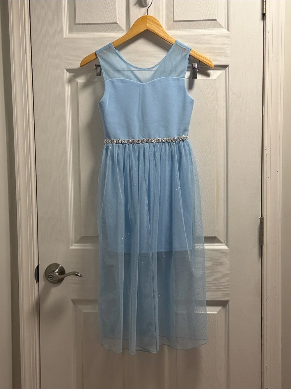 Cinderella-inspired Light Blue Girls' Sparkle Tulle Dress with Jewel Waist